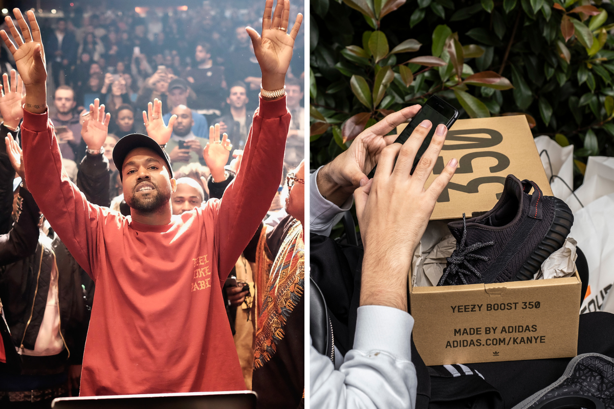 Kanye West performs during Kanye West Yeezy Season 3, A young man shows off his new Yeezy Boost model designed by Kanye West.