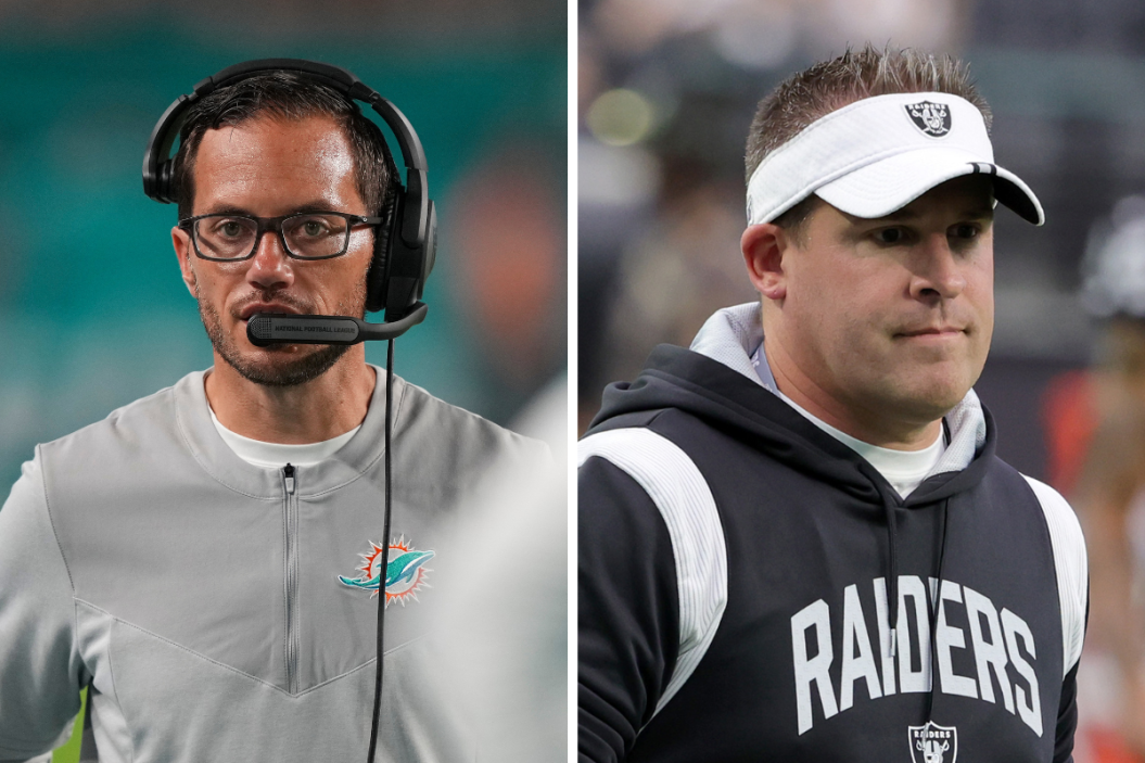 Head Coach Mike McDaniel of the Miami Dolphins on the sidelines during the first half of the preseason game against the Philadelphia Eagles, Head coach Josh McDaniels of the Las Vegas Raiders walks on the field before a preseason game against the Minnesota Vikings at Allegiant Stadium