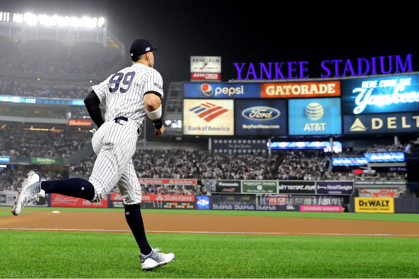 Aaron Judge #99 of the New York Yankees takes the field prior to the start of Game Three of the American League Division Series 
