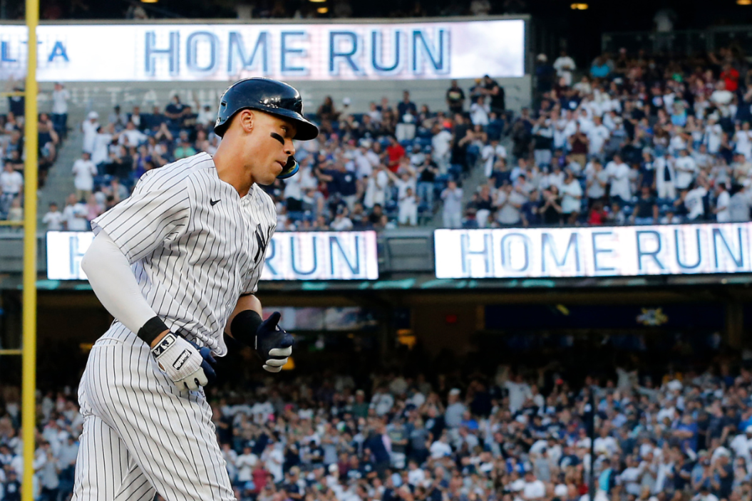 Aaron Judge #99 of the New York Yankees runs the bases after his second inning two run home run against the Seattle Mariners
