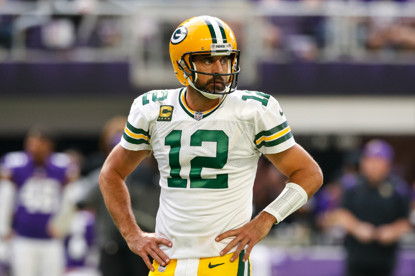 Aaron Rodgers #12 of the Green Bay Packers on the field against the Minnesota Vikings