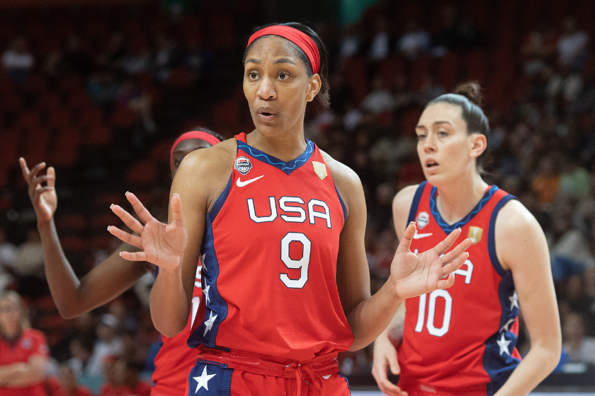 United States' Aja Wilson reacts to the referee call during the 2022 FIBA Women's Basketball World Cup Group A match between United States and Korea