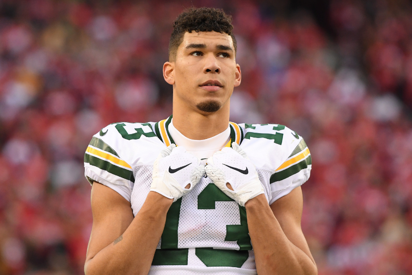 Allen Lazard #13 of the Green Bay Packers looks on during the NFC Championship game