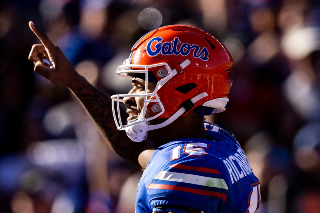 Anthony Richardson #15 of the Florida Gators celebrates a touchdown during the fourth quarter of a game