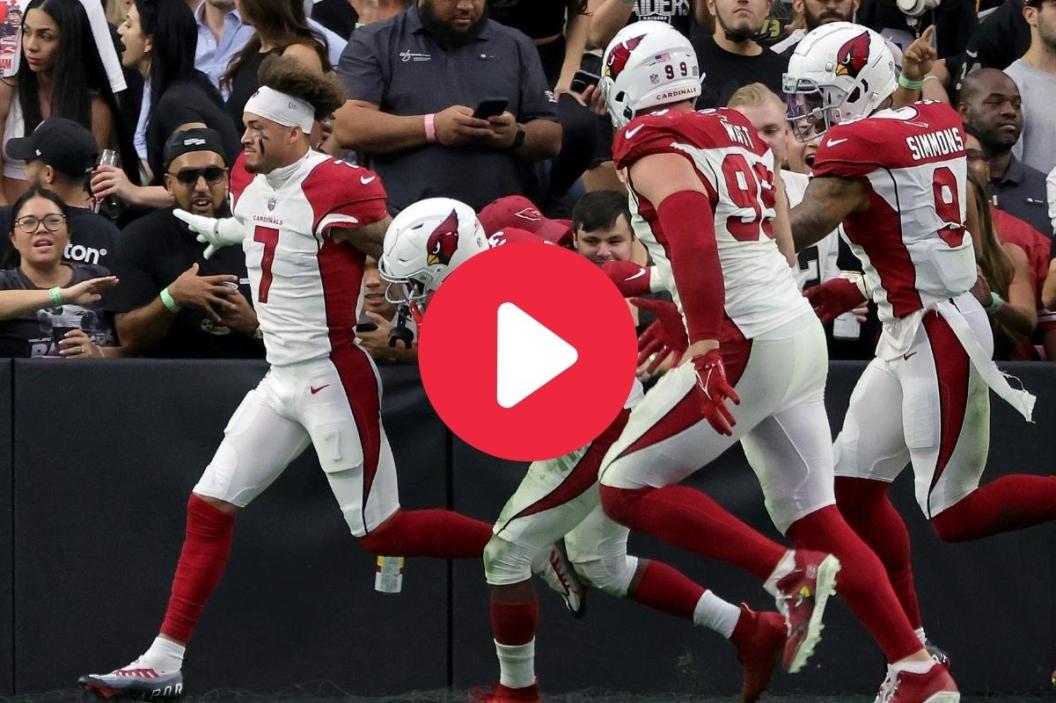 Byron Murphy Jr. #7 of the Arizona Cardinals celebrates with teammates after returning a fumble for a game-winning touchdown in overtime against the Las Vegas Raiders