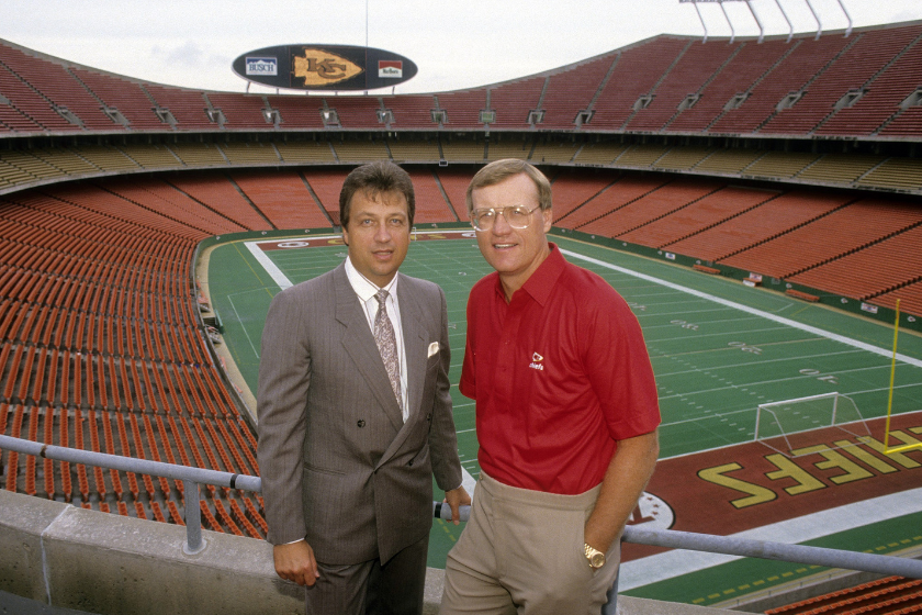 Head Coach Marty Schottenheimer (R) and General Manager Carl Peterson (L) of the Kansas City Chiefs poses for this photo circa 1989 at Arrowhead Stadium