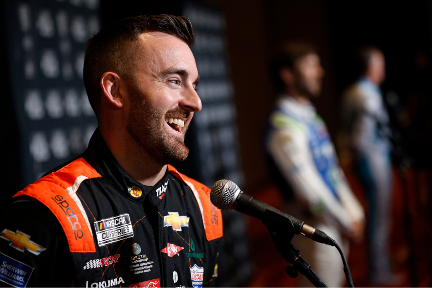 Austin Dillon speaks with the media during the NASCAR Cup Series Playoff Media Day at Charlotte Convention Center