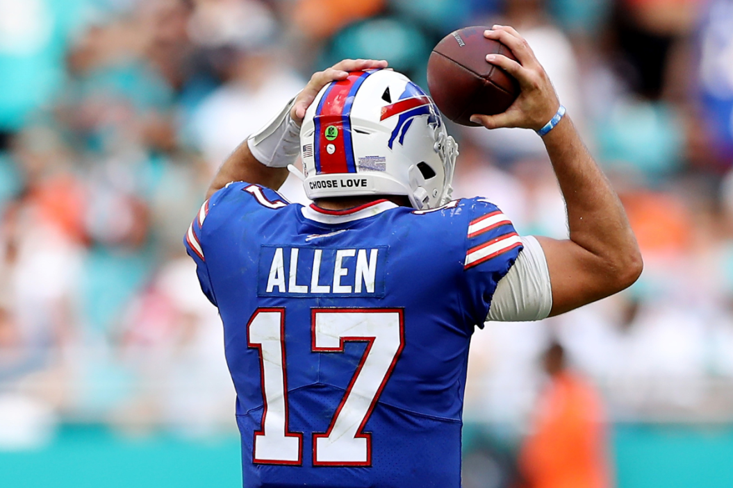 Josh Allen #17 of the Buffalo Bills reacts during the fourth quarter against the Miami Dolphins