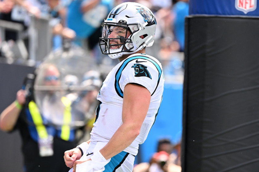 Baker Mayfield #6 of the Carolina Panthers celebrates scoring a touchdown during the fourth quarter against the Cleveland Browns