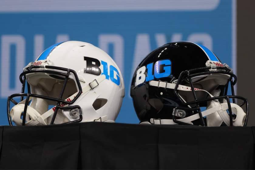 General view of Big Ten helmets are seen during the 2022 Big Ten Conference Football Media Days