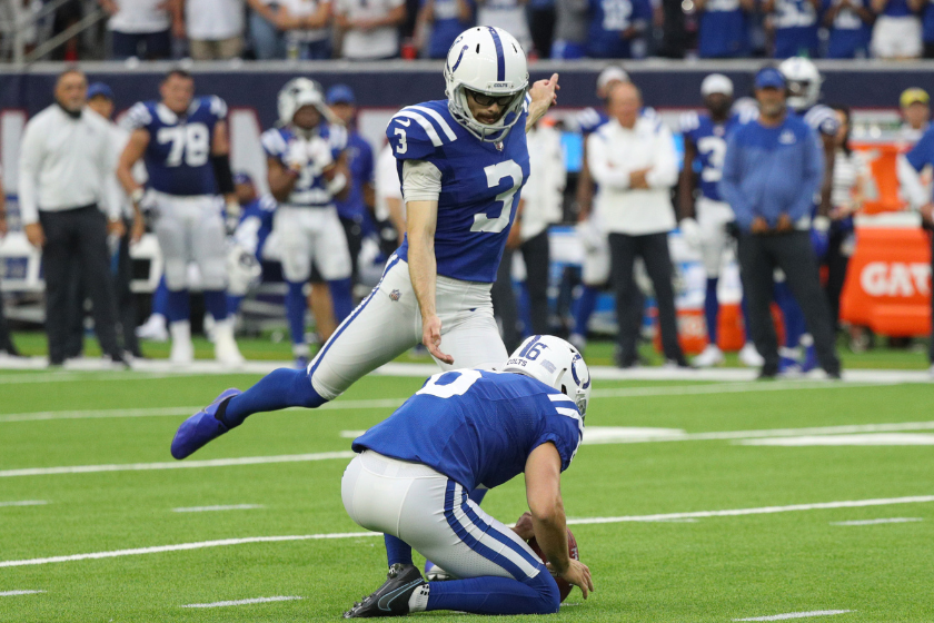Rodrigo Blankenship #3 of the Indianapolis Colts misses a field goal attempt during overtime against the Houston Texan