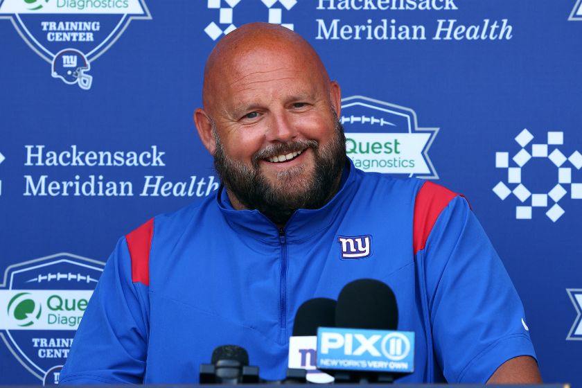 Head coach Brian Daboll of the New York Giants talks with reporters before the team's mandatory minicamp