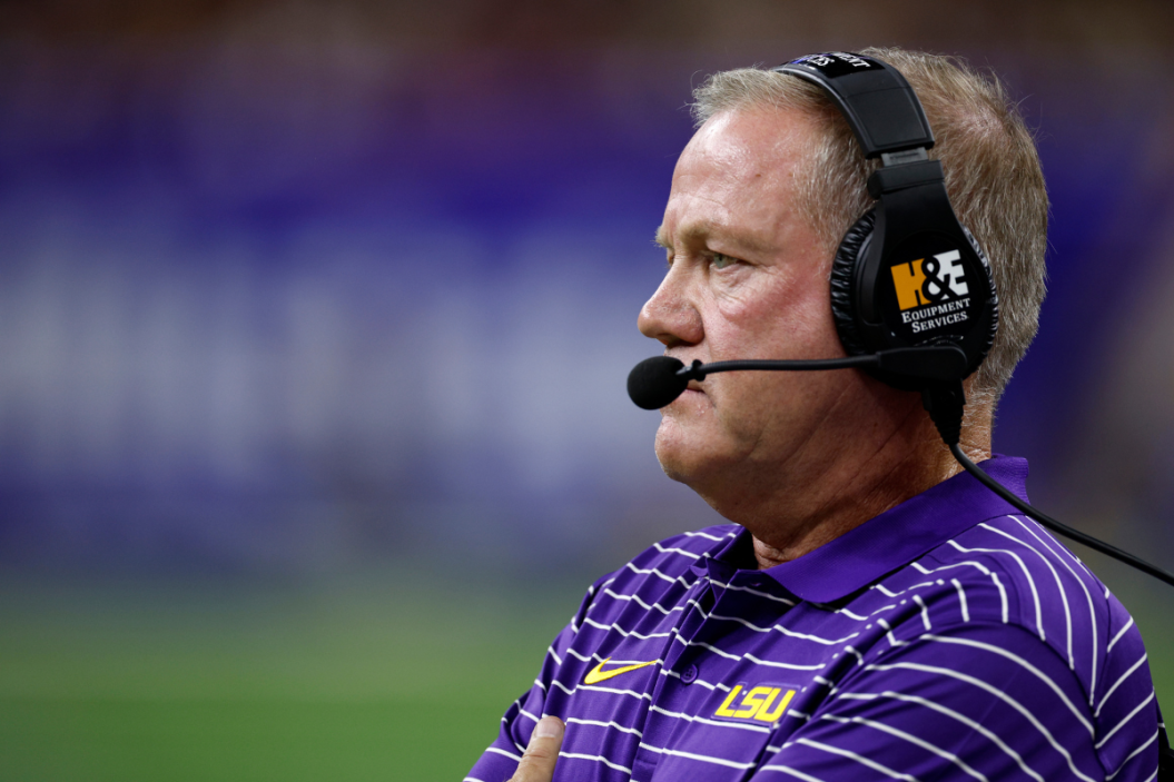 LSU head coach Brian Kelly looking on as his team plays Florida State in New Orleans.