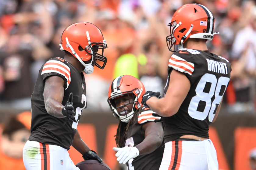 Amari Cooper #2 of the Cleveland Browns (L) is congratulated by Harrison Bryant #88 (R) after scoring a touchdown against the New York Jets