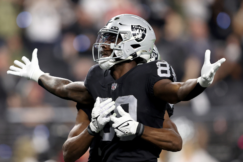 Bryan Edwards #89 of the Las Vegas Raiders celebrates after getting a touchdown during the second half in the game against the Kansas City Chiefs