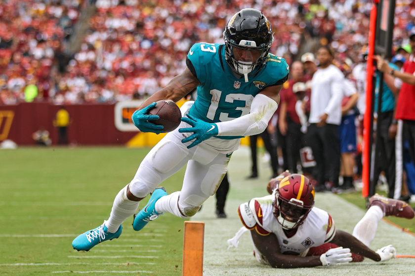 Wide receiver Christian Kirk #13 of the Jacksonville Jaguars cannot score a touchdown as he dives for the endzone against the Washington Commanders