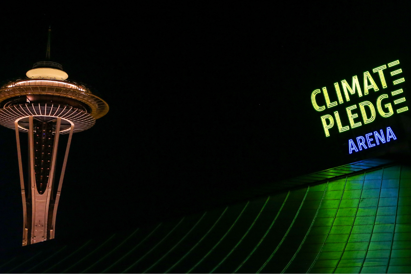  general shot of the Climate Pledge Arena sign and the Space Needle after an NHL game between the New York Rangers and the Seattle Kraken