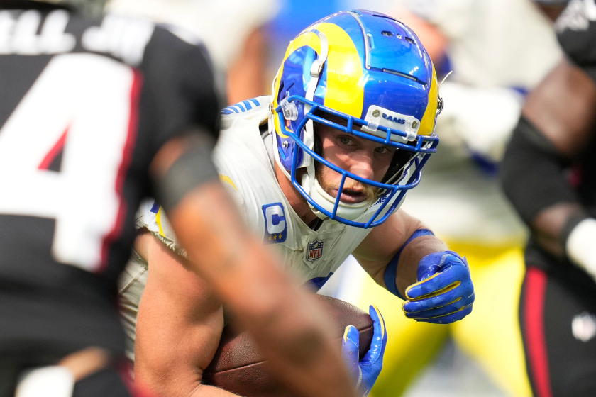 Wide receiver Cooper Kupp #10 of the Los Angeles Rams catches pass for first down against the Atlanta Falcons in the second half of a NFL football game