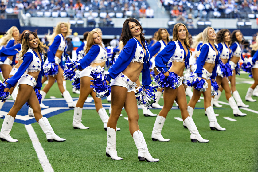 Dallas Cowboy cheerleaders perform before the team plays the Chicago Bears.