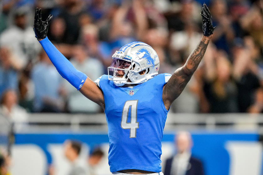DJ Chark #4 of the Detroit Lions reacts during the game against the Philadelphia Eagles at Ford Field