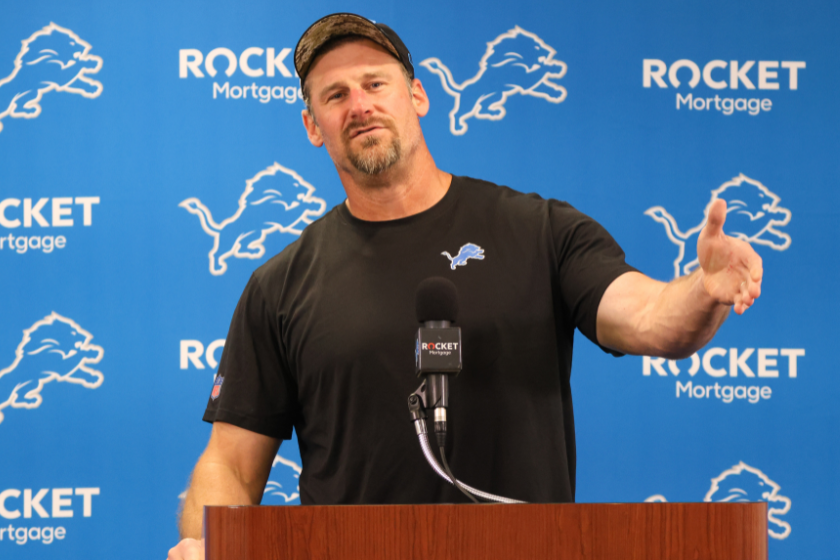 Detroit Lions head coach Dan Campbell speaks to the media prior to the start of the afternoon practice session at Detroit Lions training camp