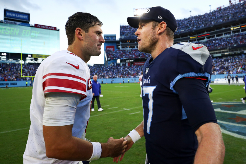 Daniel Jones #8 of the New York Giants shakes hands with Ryan Tannehill #17 of the Tennessee Titans after an NFL football game