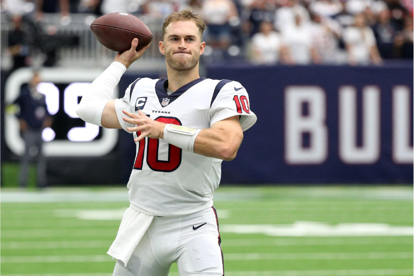 Davis Mills warms up against the Indianapolis Colts.