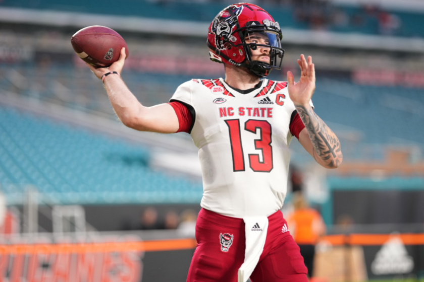Devin Leary warms up before playing Miami in 2021.