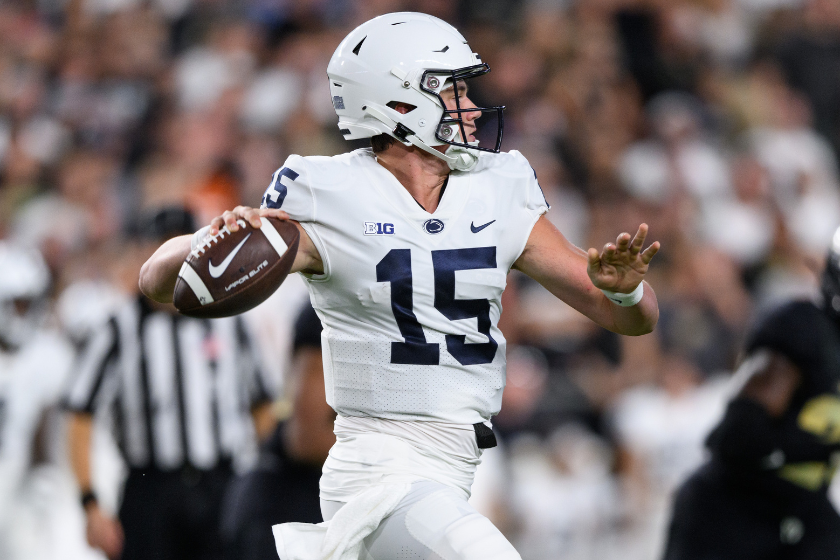 Penn State Nittany Lions quarterback Drew Allar (15) throws downfield during the college football game between the Purdue Boilermakers and Penn State Nittany Lions