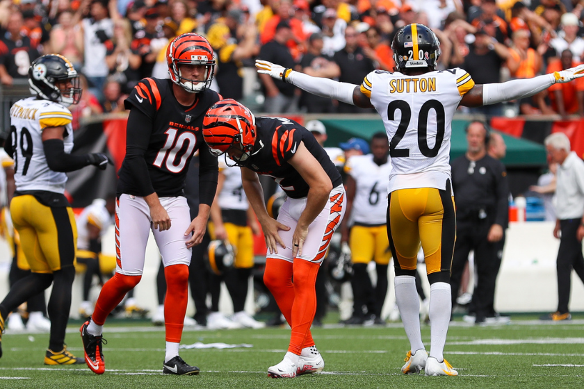 Cincinnati Bengals place kicker Evan McPherson (2) reacts after missing a field goal in overtime during the game against the Pittsburgh Steelers and the Cincinnati Bengals 