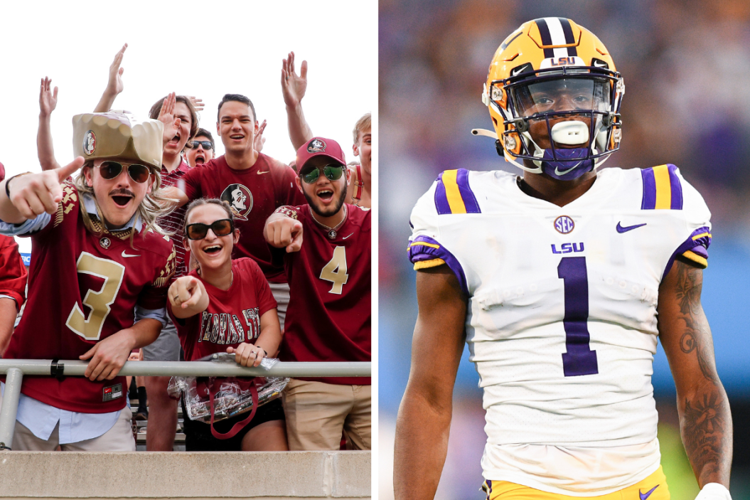 A general view of the Florida State Seminoles Fans in the stands before the start of the game against the Duquesne Dukes, LSU Tigers wide receiver Kayshon Boutte (1) looks on during a college football game between the LSU Tigers and the UCLA Bruins