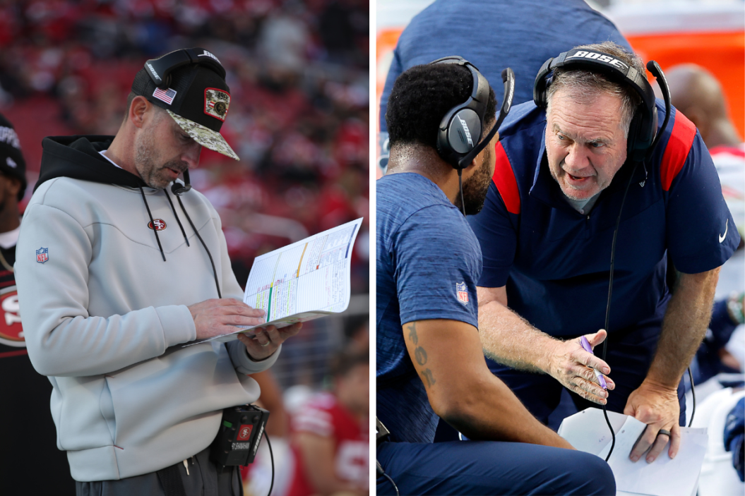 Head Coach Kyle Shanahan of the San Francisco 49ers on the sidelines, Head coach Bill Belichick of the New England Patriots and inside linebackers coach Jerod Mayo talk on the sidelines