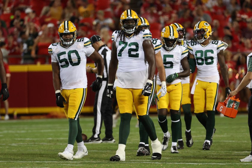 KANSAS CITY, MO - AUGUST 25: Green Bay Packers offensive tackle Caleb Jones (72) in the second half of an NFL preseason game between the Green Bay Packers and Kansas City Chiefs on August 25, 2022 at GEHA Field at Arrowhead Stadium in Kansas City, MO. 