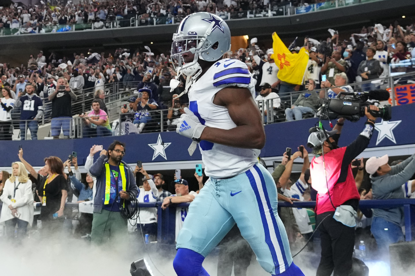Jabril Cox #14 of the Dallas Cowboys runs onto the field during introductions against the Las Vegas Raiders prior to an NFL game
