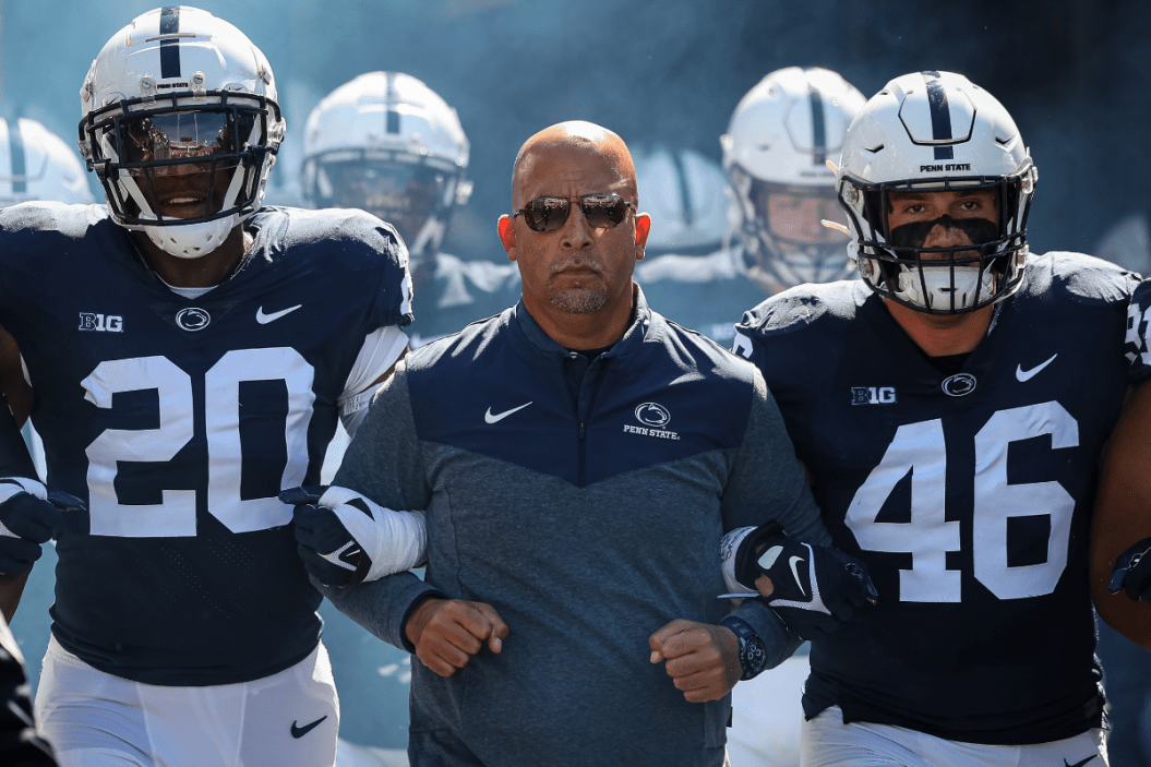 Head coach James Franklin of the Penn State Nittany Lions leads the team onto the field before the game against the Central Michigan Chippewas at Beaver Stadium