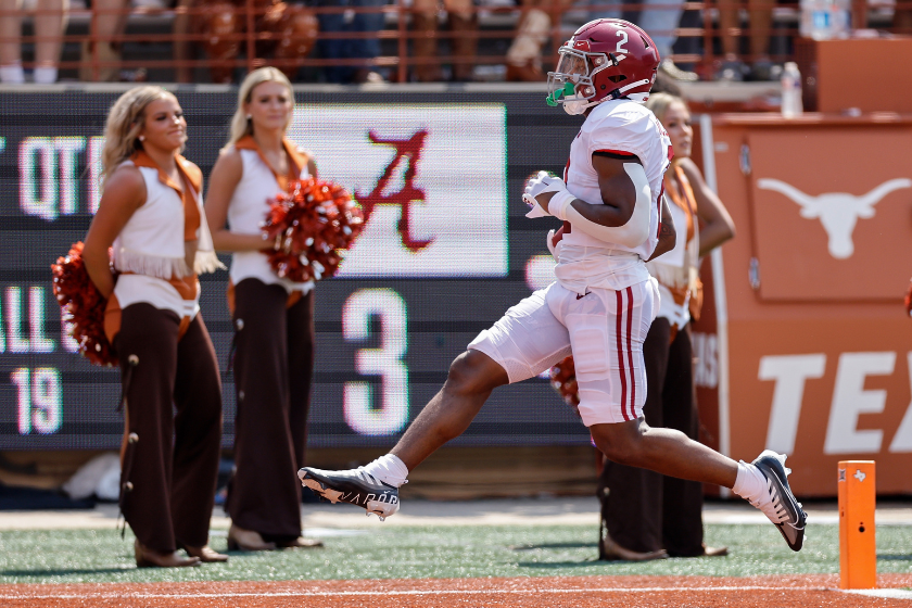 Jase McClellan #2 of the Alabama Crimson Tide rushes for a touchdown in the first quarter against the Texas Longhorns