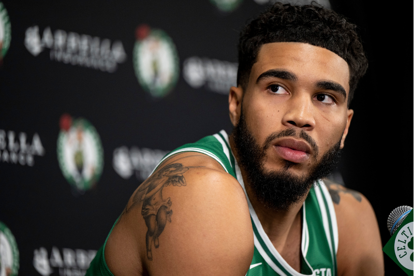 ayson Tatum #0 of the Boston Celtics addresses the media during Boston Celtics Media Day at High Output Studios