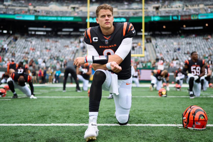 Joe Burrow #9 of the Cincinnati Bengals warms up before kickoff against the New York Jets