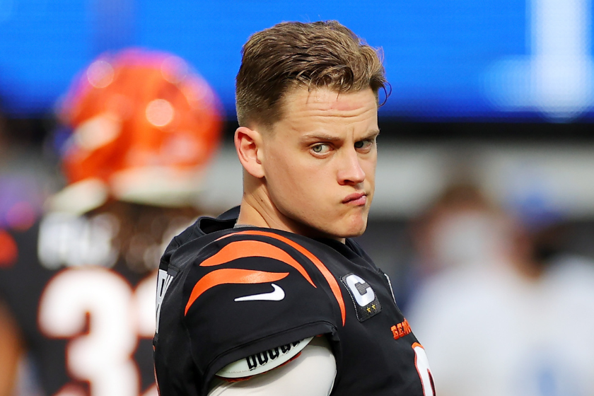 Joe Burrow #9 of the Cincinnati Bengals looks on prior to Super Bowl LVI