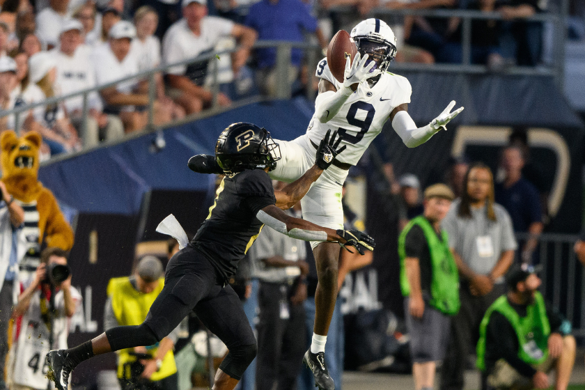 Penn State Nittany Lions cornerback Joey Porter Jr. (9) breaks up a pass during the college football game between the Purdue Boilermakers and Penn State