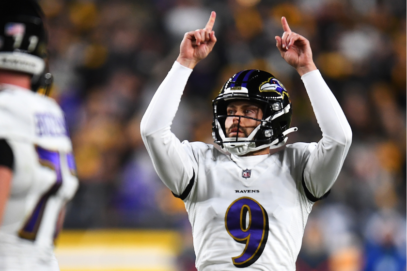 Justin Tucker #9 of the Baltimore Ravens reacts after a successful field goal during the fourth quarter against the Pittsburgh Steelers