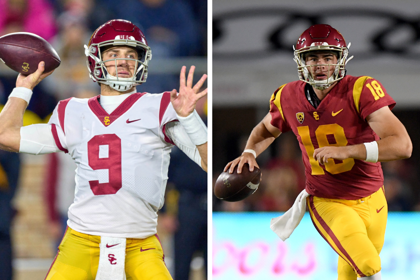 USC Trojans quarterback Kedon Slovis (9) throws the football during a game between the USC Trojans and the Notre Dame Fighting Irish, JT Daniels #18 of the USC Trojans runs out of the pocket during the game against the Fresno State Bulldogs