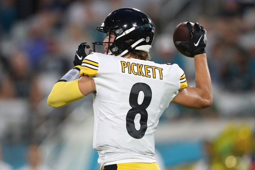 Kenny Pickett #8 of the Pittsburgh Steelers throws a pass during the first half of a preseason game