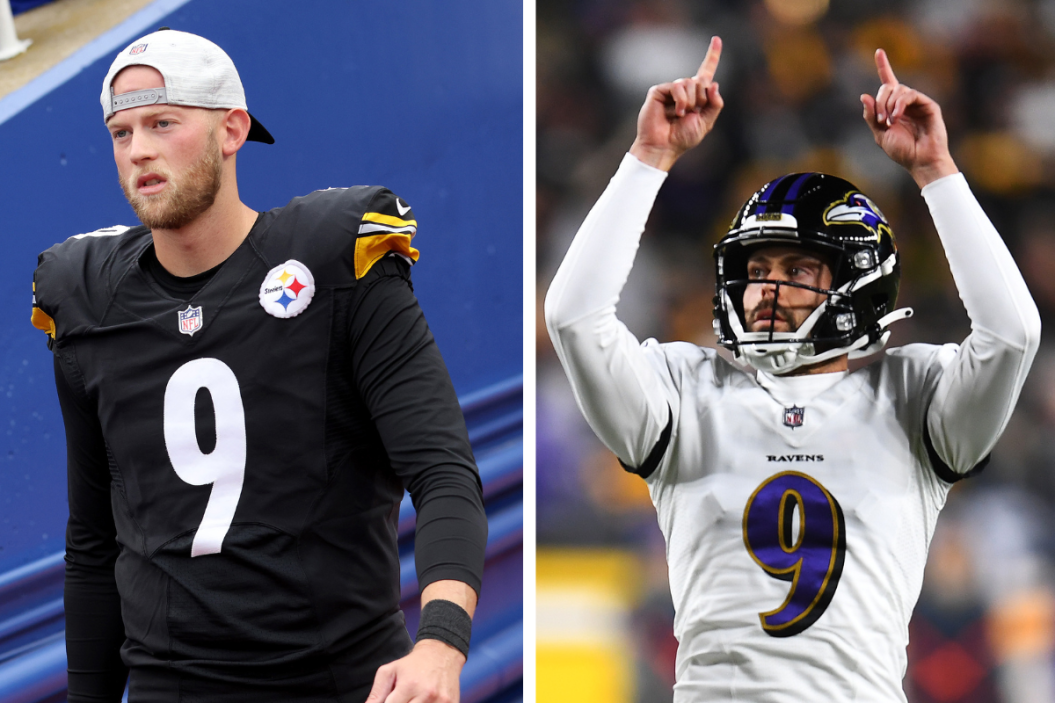 Chris Boswell #9 of the Pittsburgh Steelers walks to the field prior to a game against the Buffalo Bills, Justin Tucker #9 of the Baltimore Ravens reacts after a successful field goal during the fourth quarter against the Pittsburgh Steelers