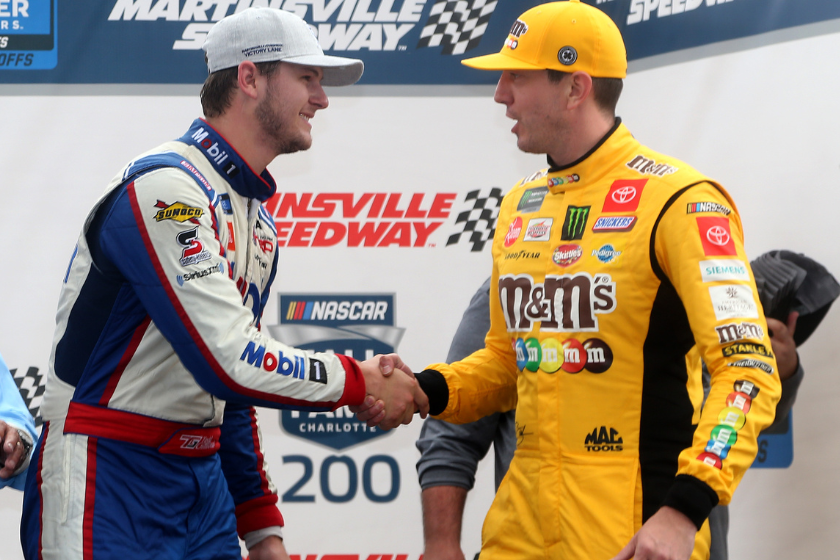 Kyle Busch congratulates Todd Gilliland in Victory Lane after he won the 2019 Hall of Fame 200 at Martinsville Speedway