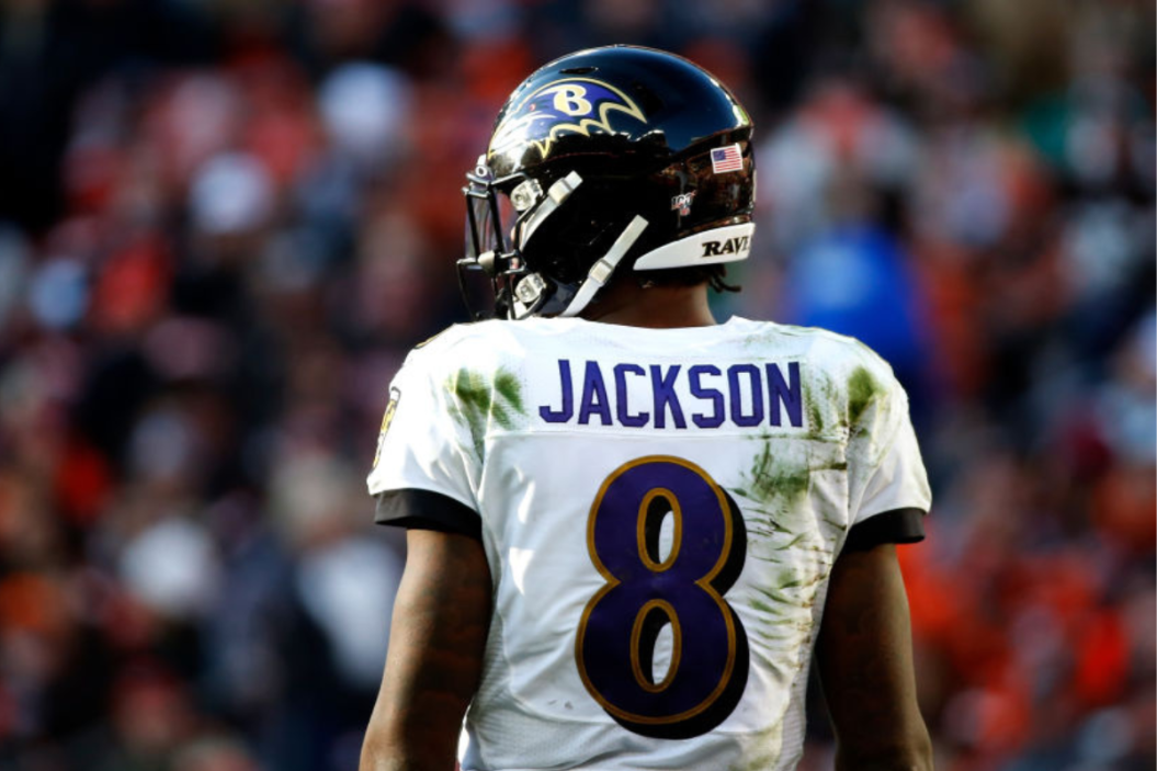 Lamar Jackson #8 of the Baltimore Ravens walks back to the line of scrimmage during the game against the Cleveland Browns