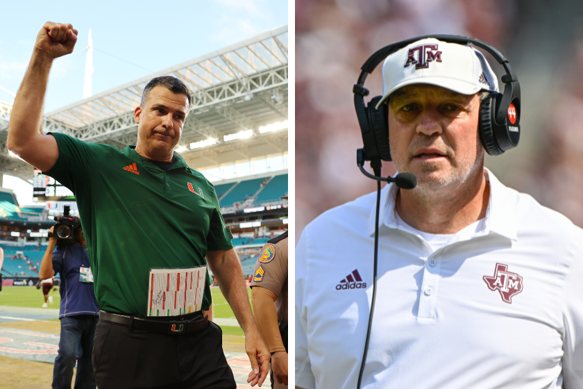 Head coach Mario Cristobal of the Miami Hurricanes celebrates after defeating the Bethune Cookman Wildcats, Texas A&M Aggies head coach Jimbo Fisher walks the sideline during first half action during the football game between the Appalachian State Mountaineers