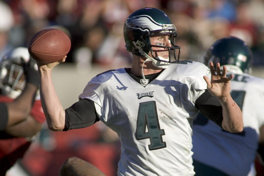 Mike McMahon quarterback for the Philadelphia Eagles throws a pass downfield in a game against the Arizona Cardinals