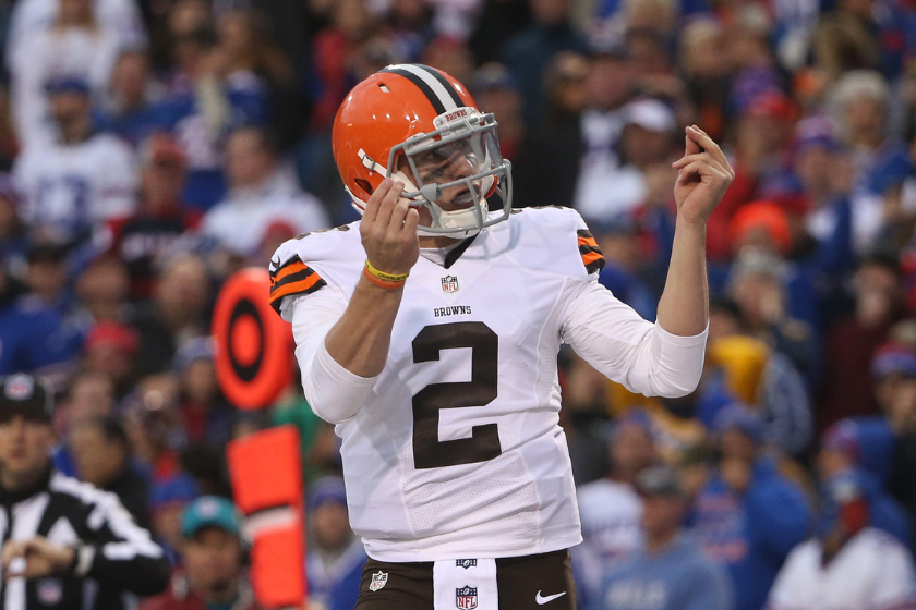 Johnny Manziel #2 of the Cleveland Browns celebrates after scoring a touchdown during NFL game action against the Buffalo Bills