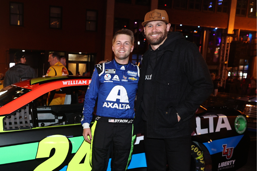 NASCAR driver William Byron and country singer Chase Rice pose for photos during the 2021 Burnouts on Broadway in Nashville, Tennessee